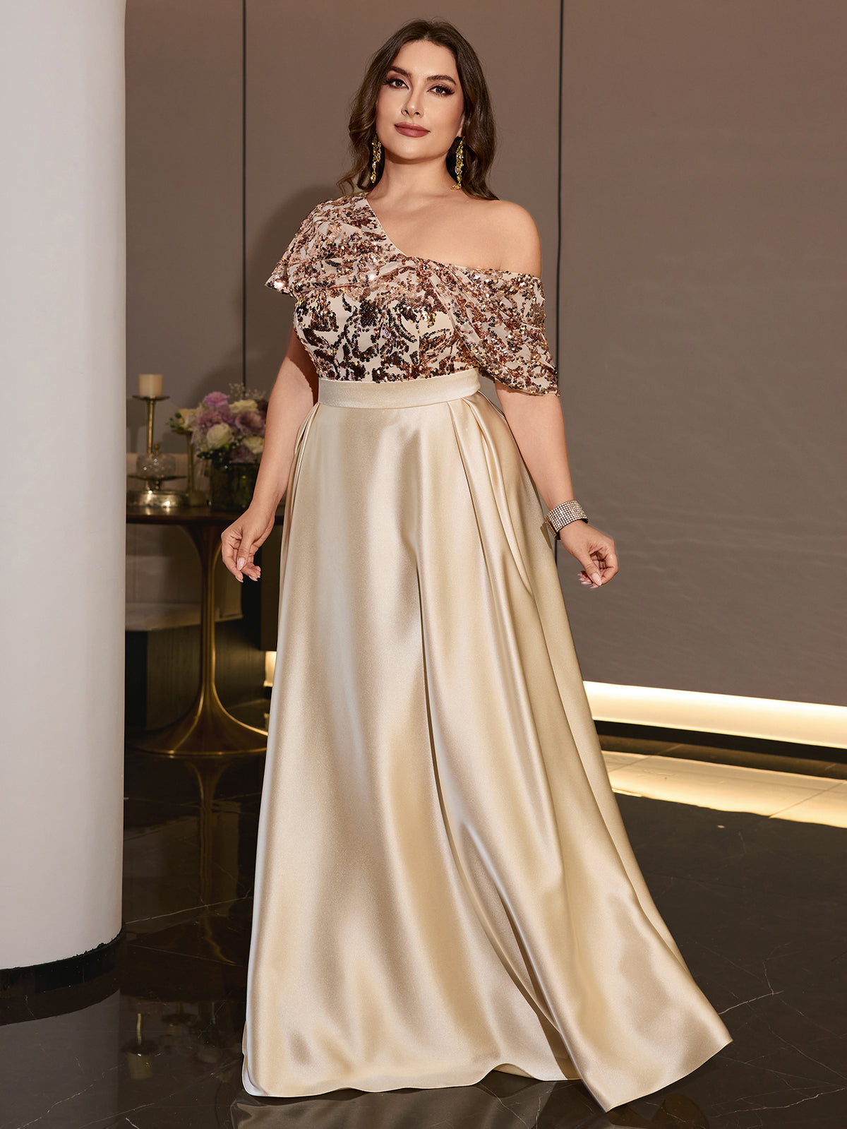 Champagne Satin One Shoulder A-Line Evening Gown