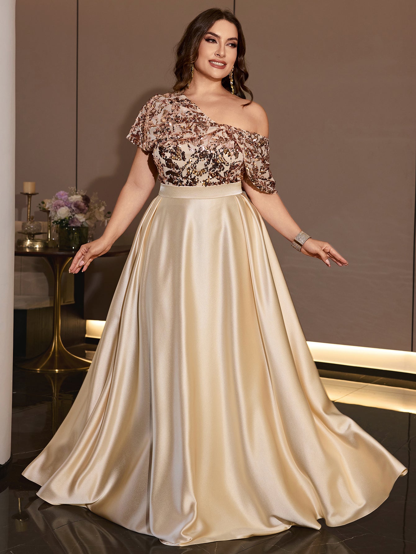 Champagne Satin One Shoulder A-Line Evening Gown
