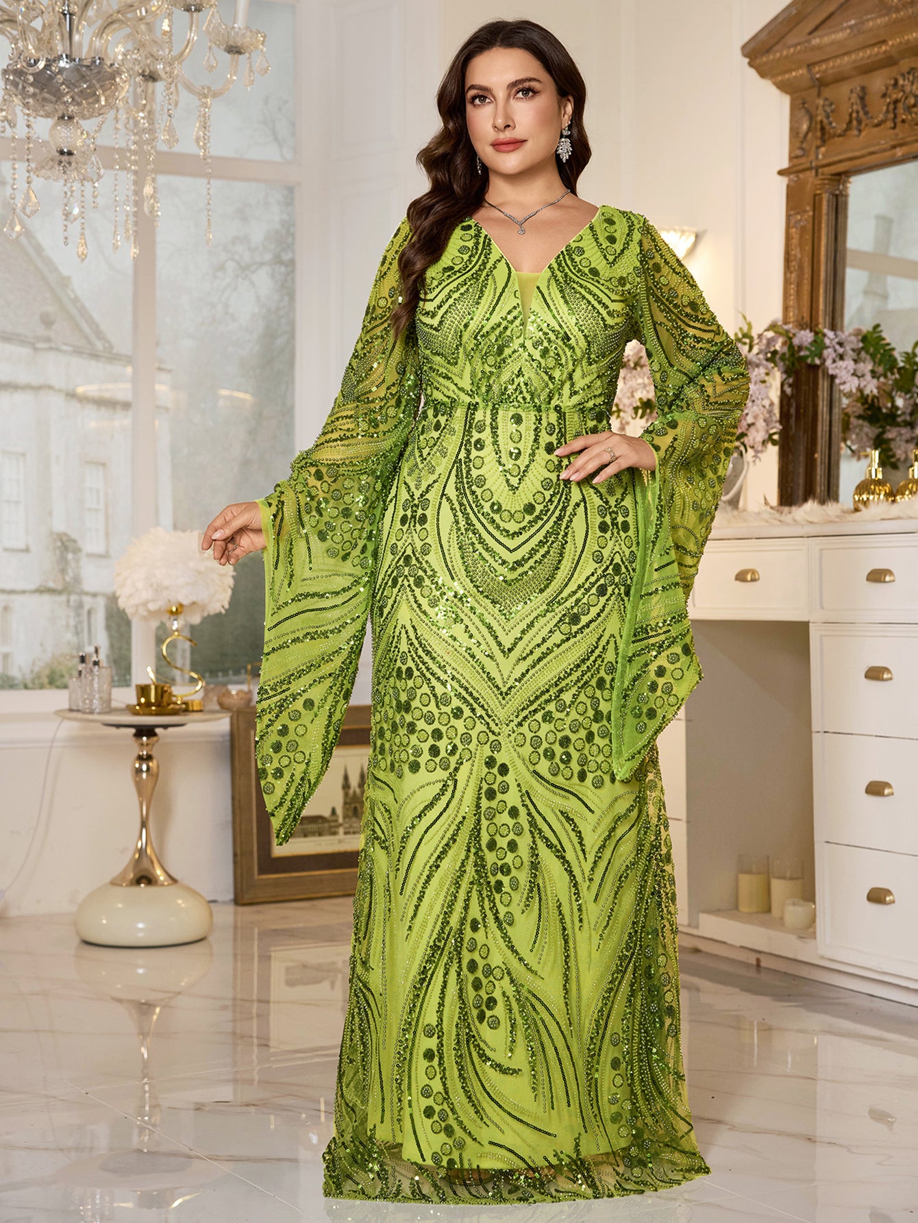 Lime‑Green Beaded Bell‑Sleeve Sheath Plus Size Evening Gown