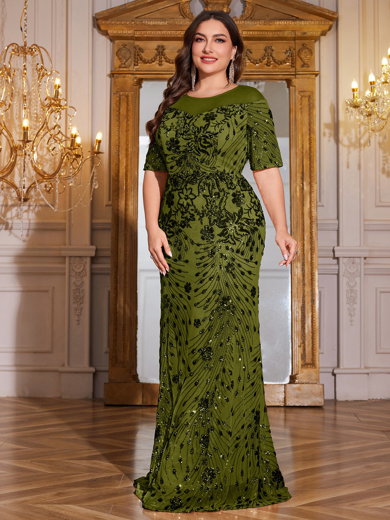 Teal Green Sequin Short Sleeve Mermaid Plus Size Evening Gown