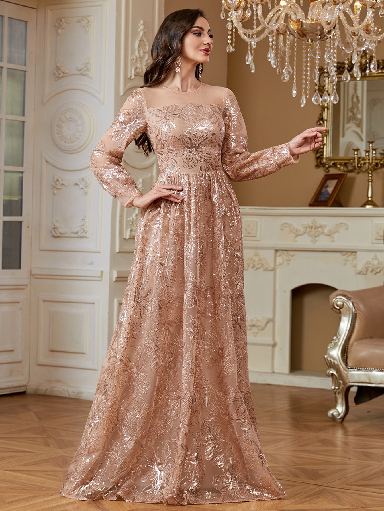 Rose Gold Floral Sequin Long Sleeve A‑Line Evening Gown