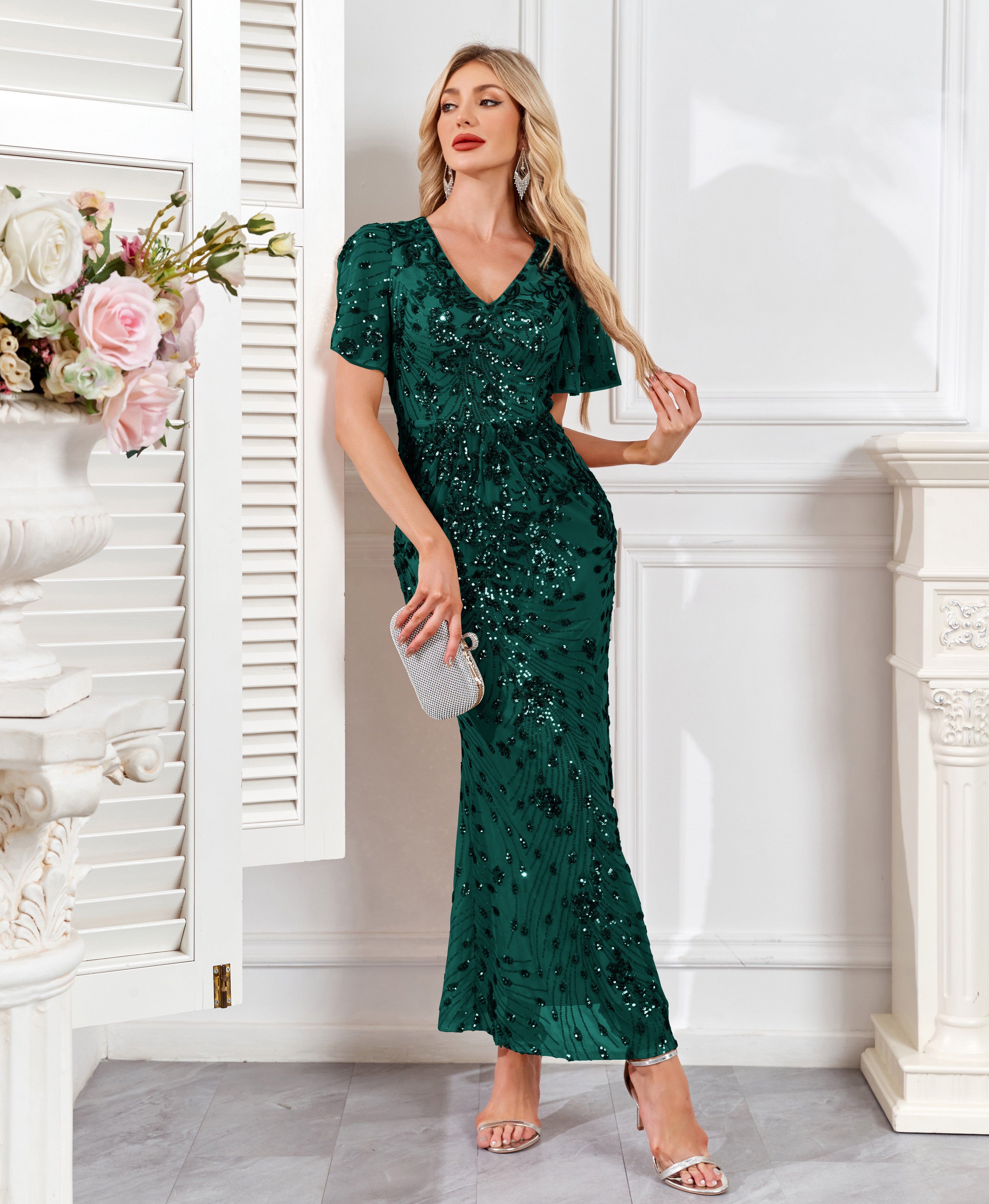 Champagne Gold Sequin Short Sleeve V Neck Midi Mermaid Evening Dress