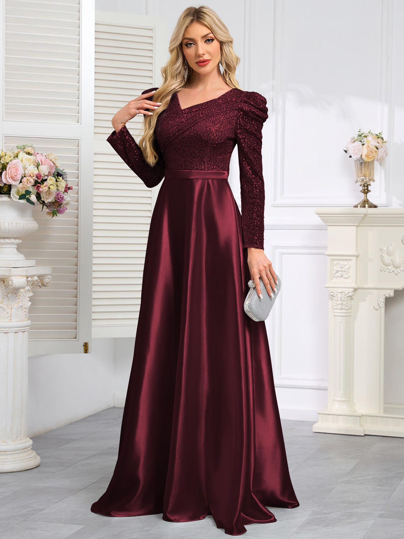 Dark Blue Satin Sequin Maxi Dress
