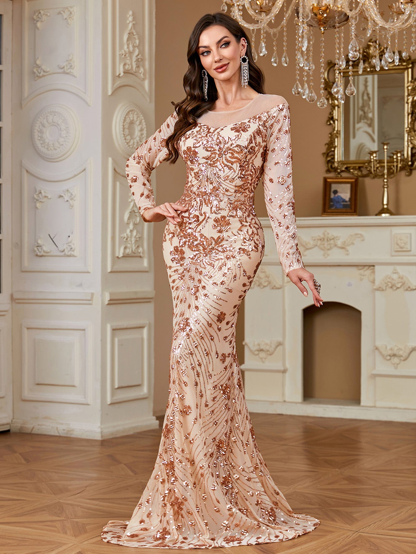 Nude Rose Gold Floral Sequin Illusion Long Sleeve Mermaid Evening Gown