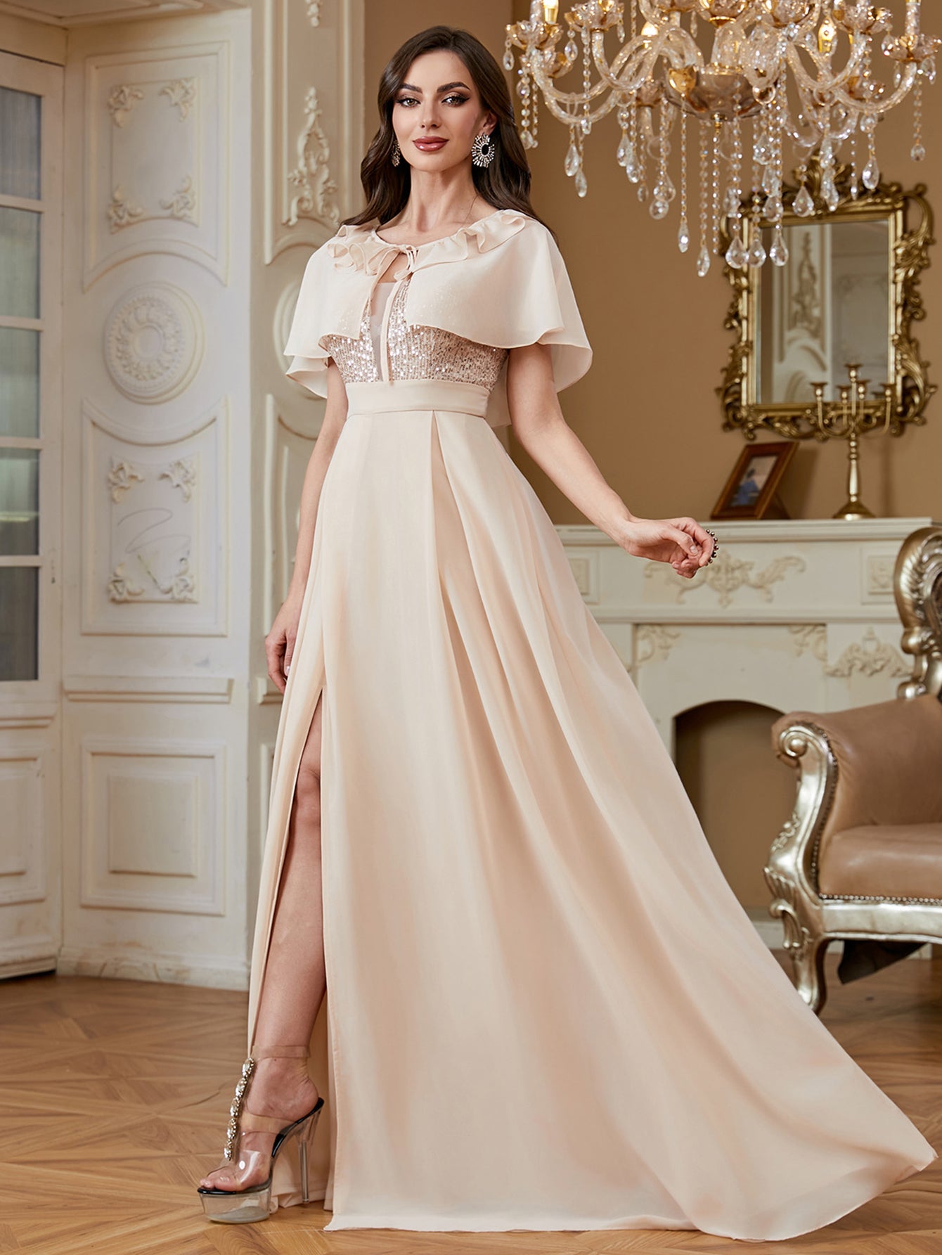 Suspender Sequined High Slit Skirt
