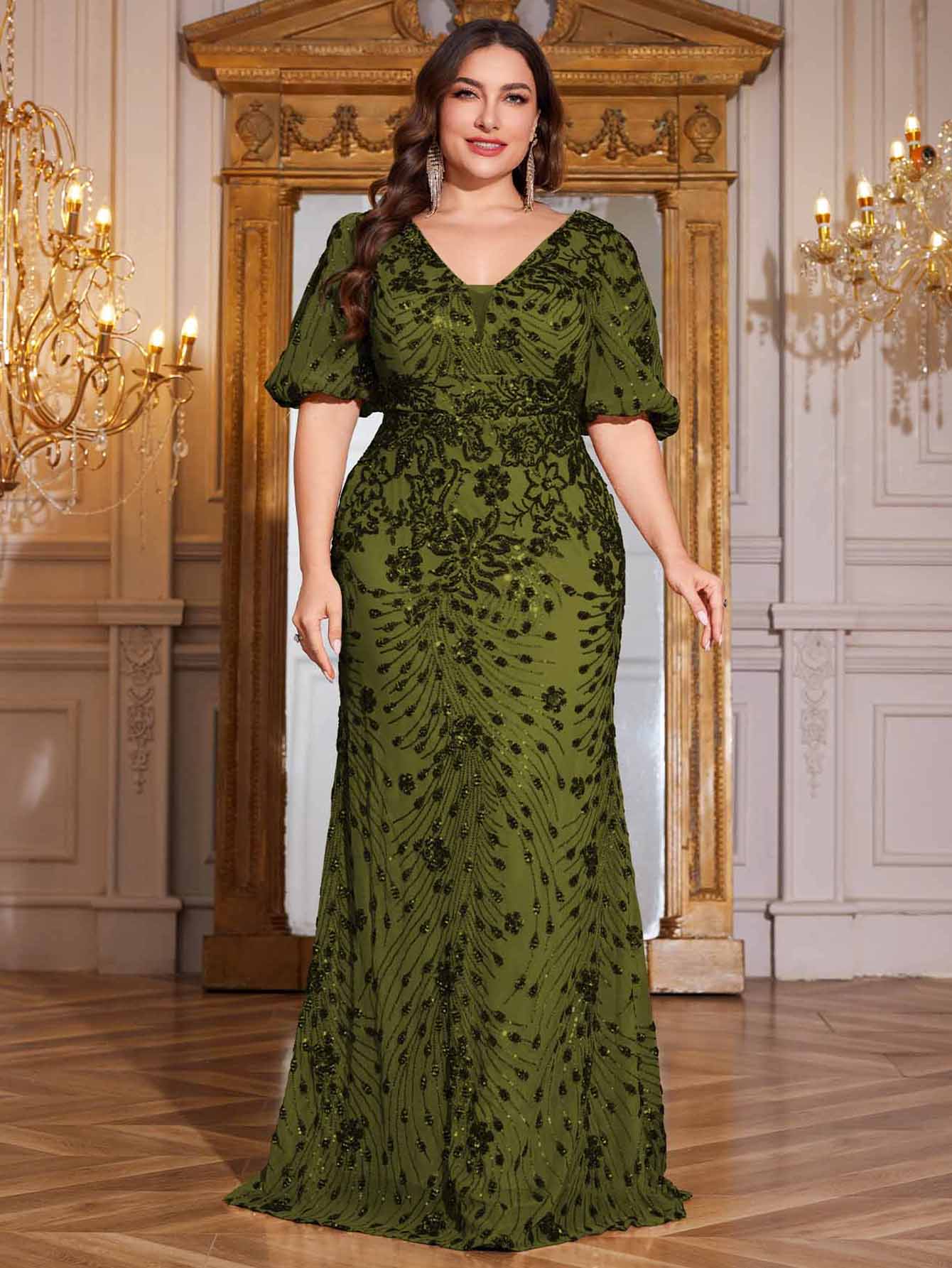 Navy Blue Sequin Puff Short Sleeve Mermaid Plus Size Evening Gown