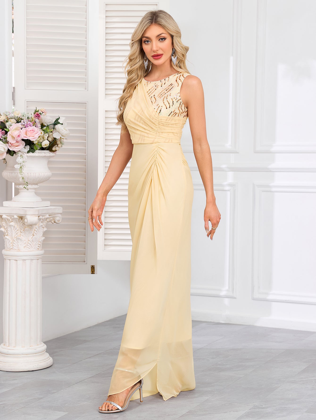 Champagne Gold Ruched Sequin Maxi Evening Gown