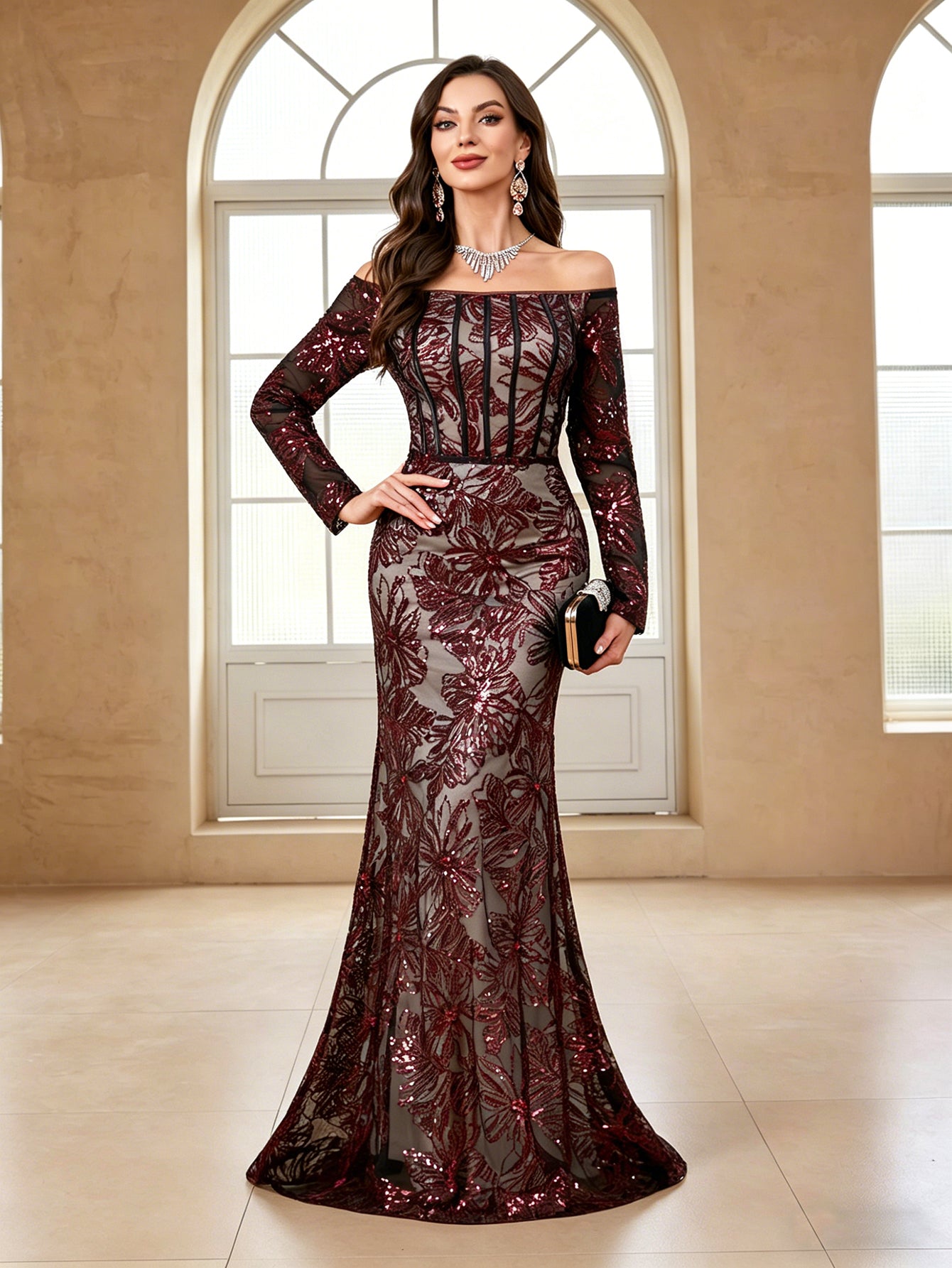 Tailored Off Shoulder Sequin Embroidered Long Dress