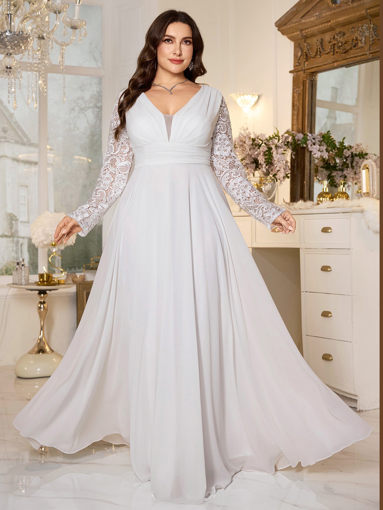 White Lace Long‑Sleeve High‑Waist A‑Line Plus Size Evening Gown