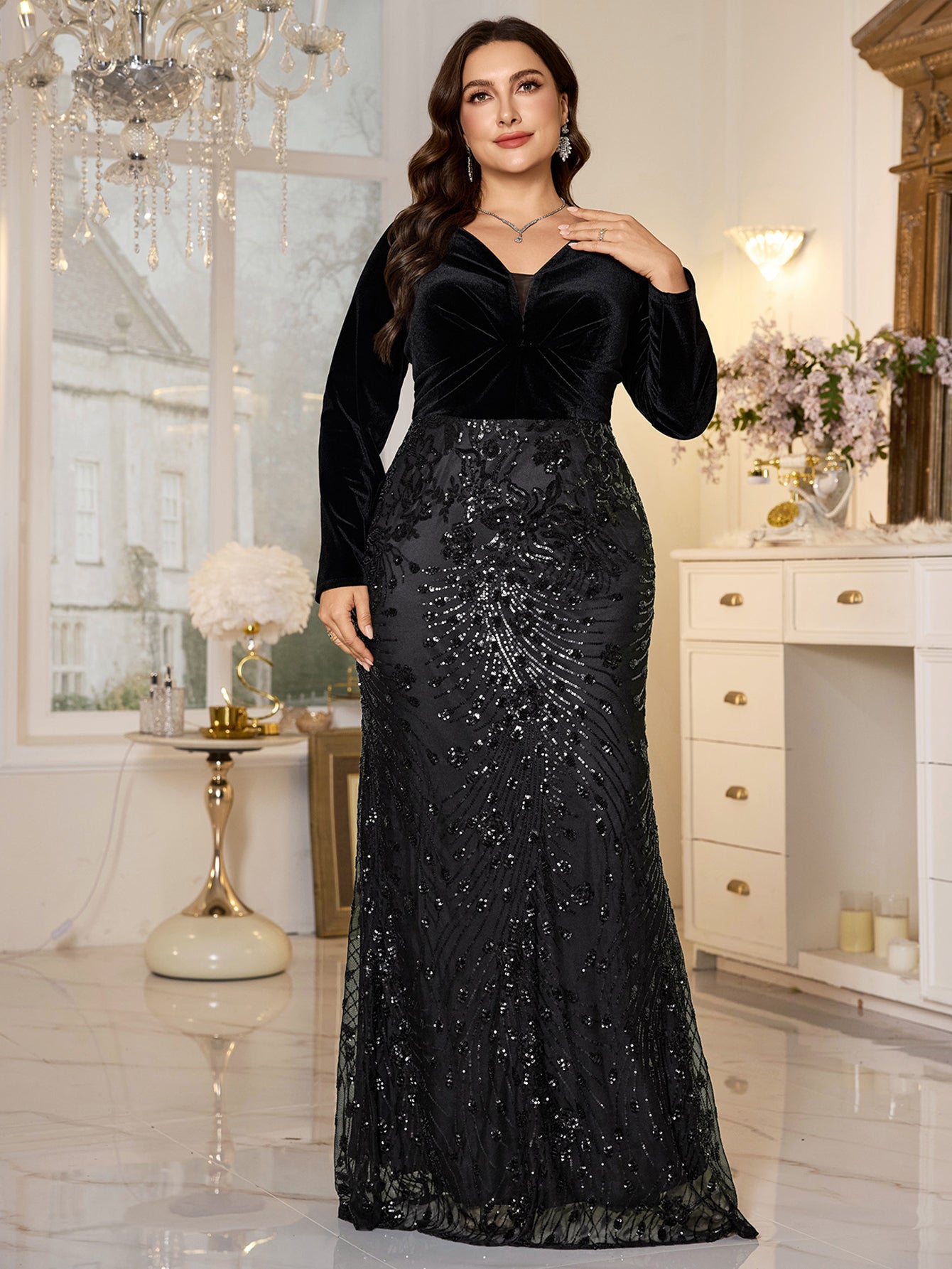 Black Velvet‑Top Sequin Mermaid Plus Size Evening Gown