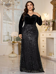 Black Velvet‑Top Sequin Mermaid Plus Size Evening Gown