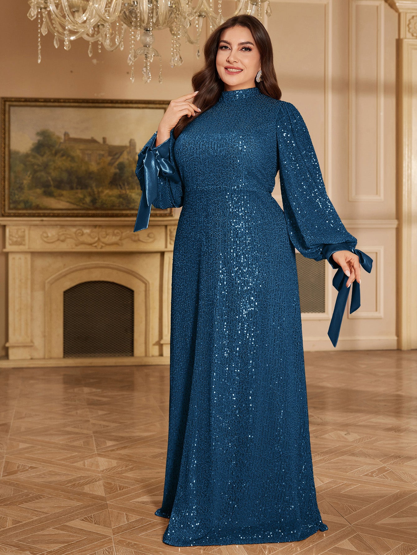 Champagne Bronze Floral Sequin Asymmetric Sleeve Mermaid Evening Gown