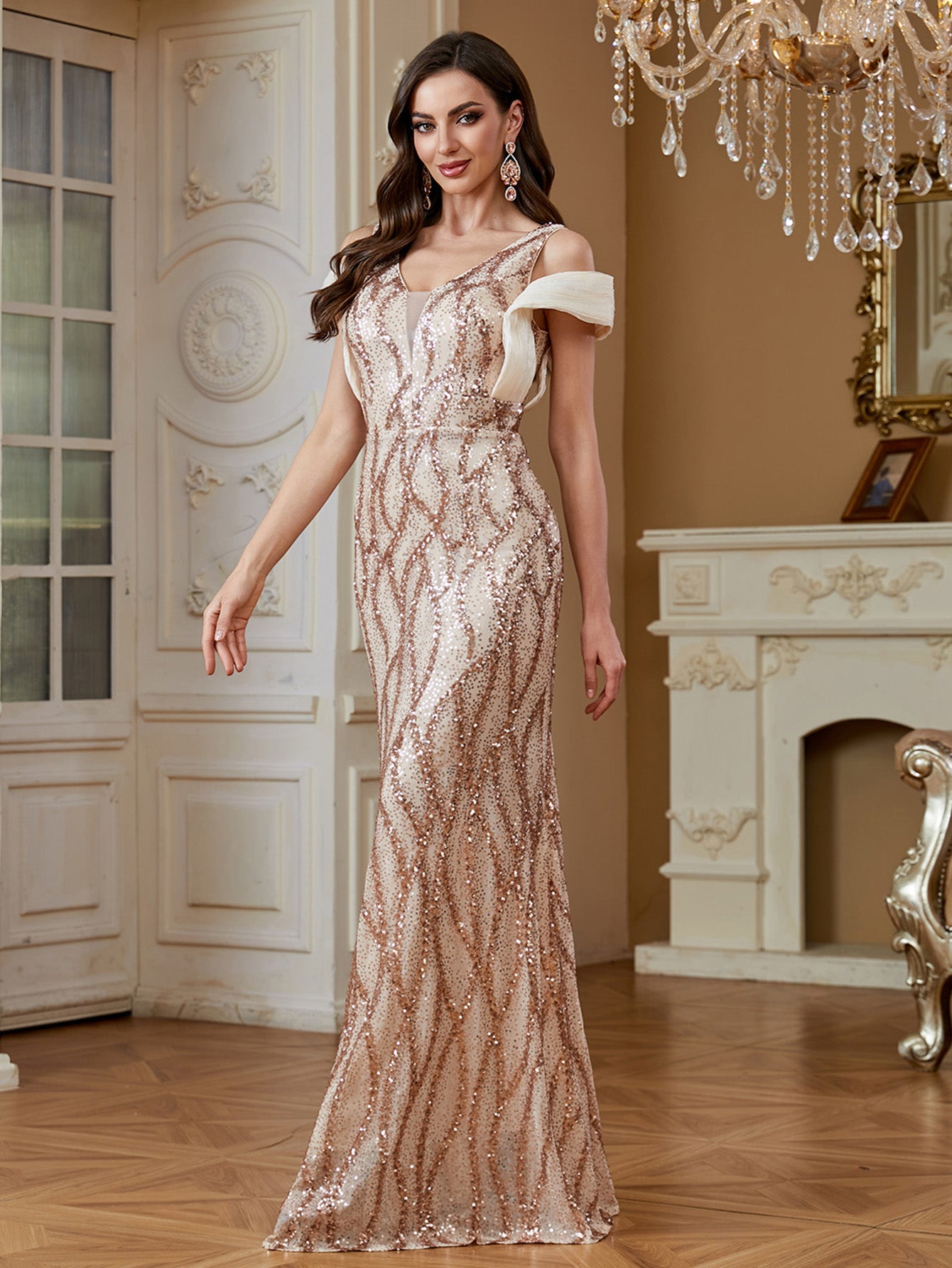 Champagne Rose Gold Wave Sequin Deep V Mermaid Formal Dress