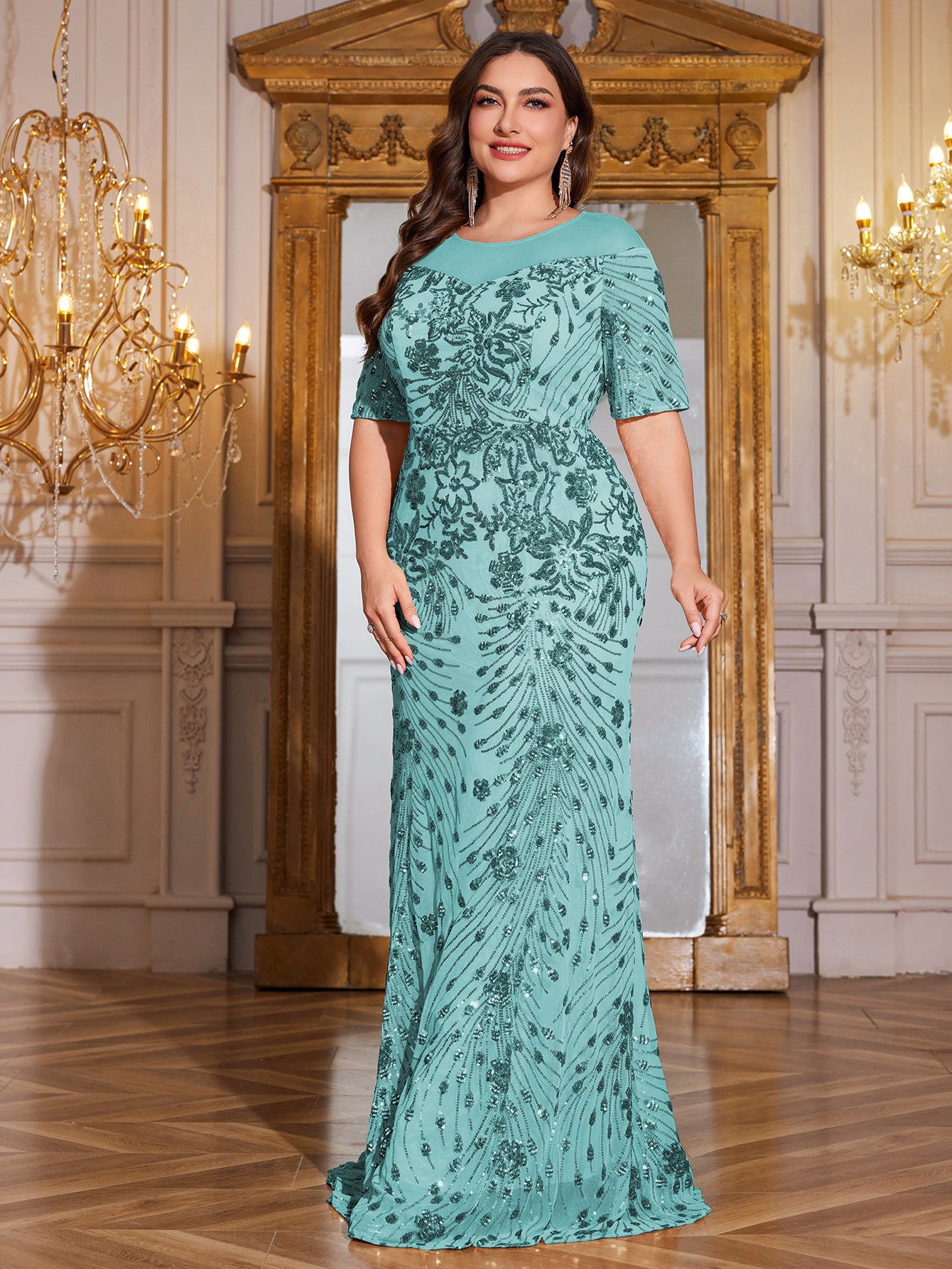 Teal Green Sequin Short Sleeve Mermaid Plus Size Evening Gown
