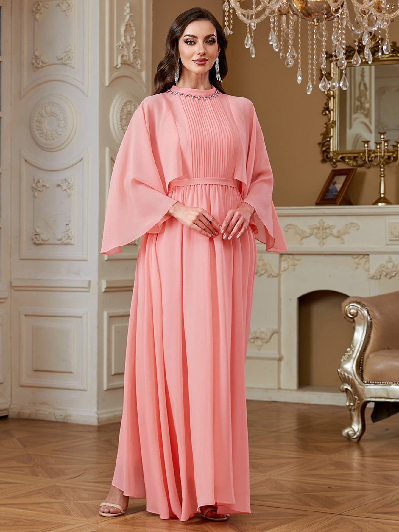 Peach Pink Rhinestone High Neck Cape Sleeve A‑Line Gown