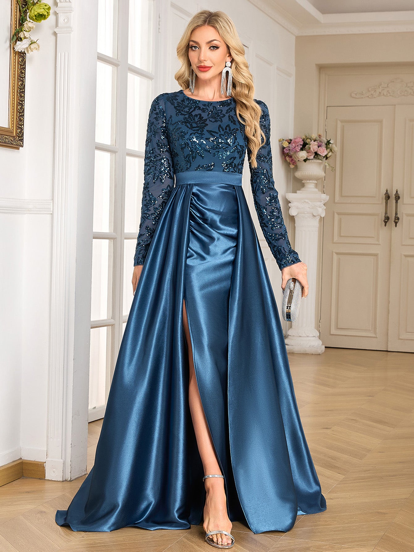 Teal Blue Sequin Satin Long Sleeve High Slit A-Line Evening Gown