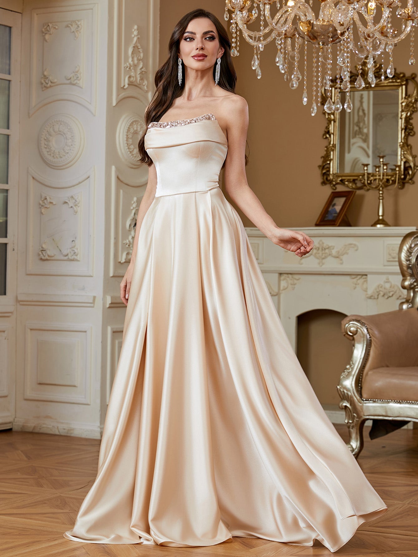 Champagne Beaded Strapless A‑Line High Slit Satin Evening Gown