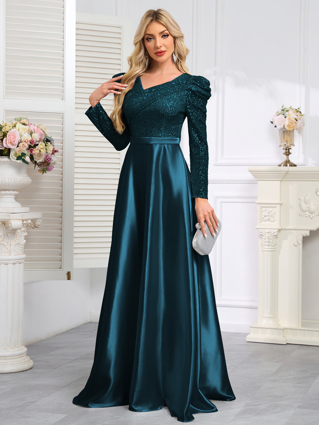 Dark Blue Satin Sequin Maxi Dress
