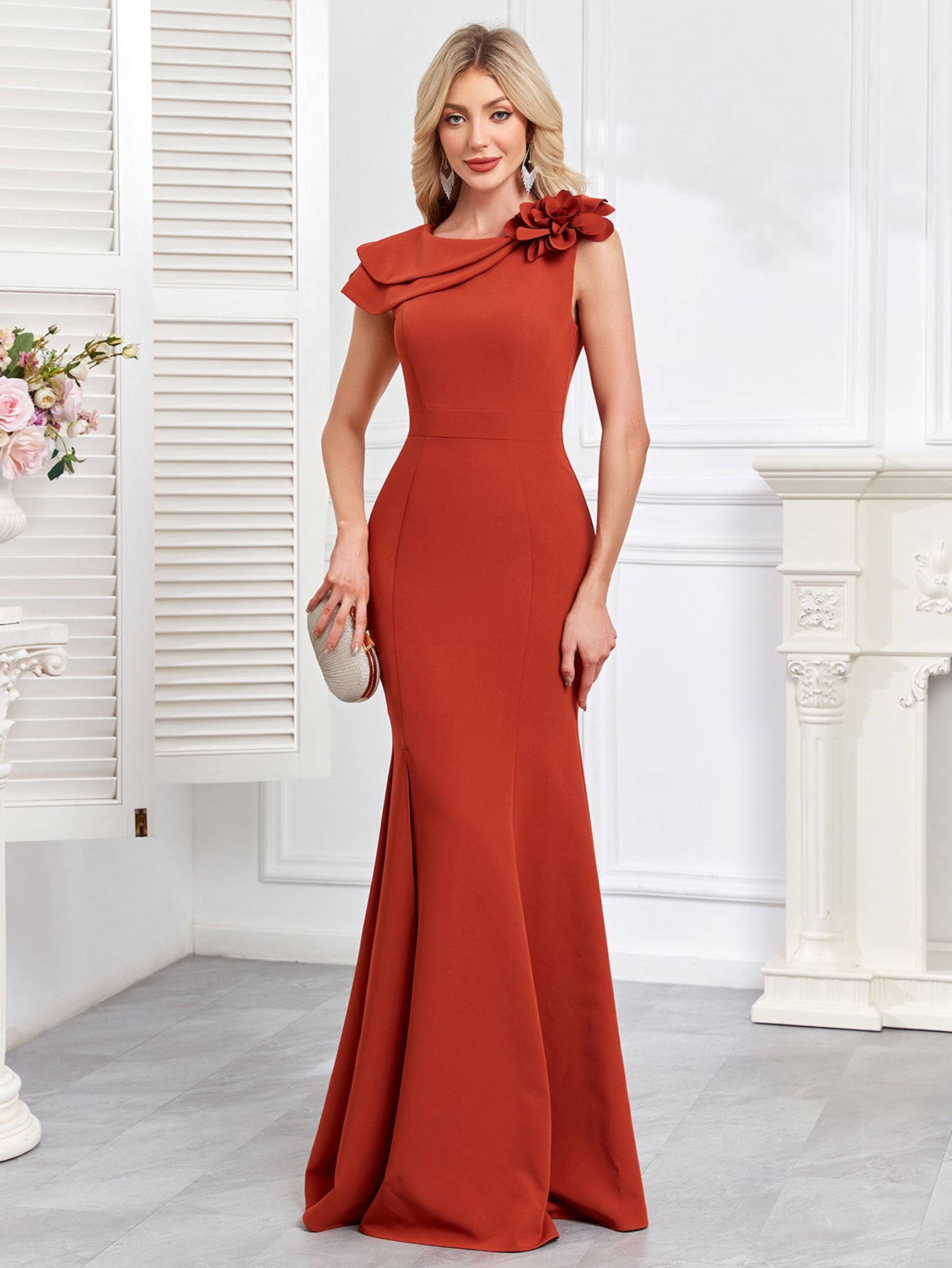 Rust 3D Flower Asymmetric Mermaid Evening Dress