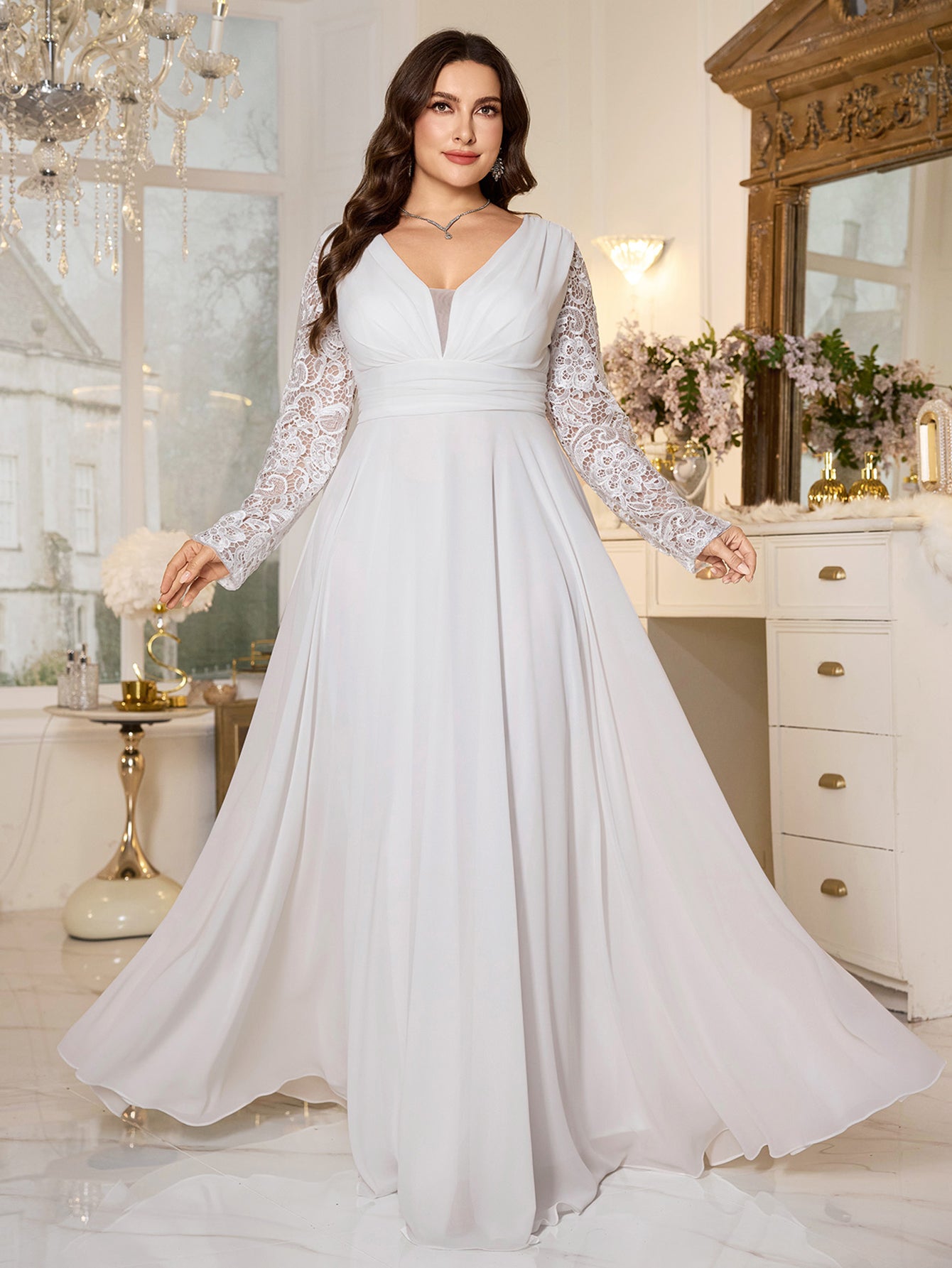 White Lace Long‑Sleeve High‑Waist A‑Line Plus‑Size Evening Gown