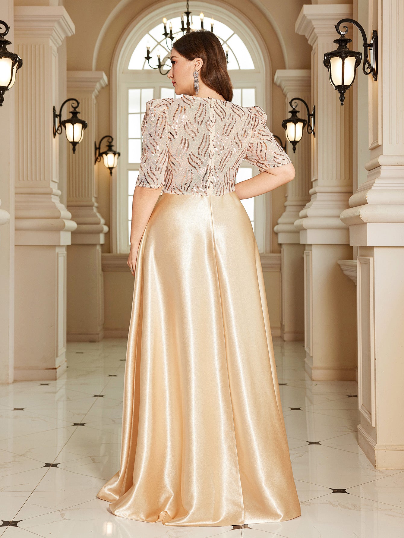 Champagne Gold Sequin Puff Sleeve High‑Waist A‑Line Maxi Gown