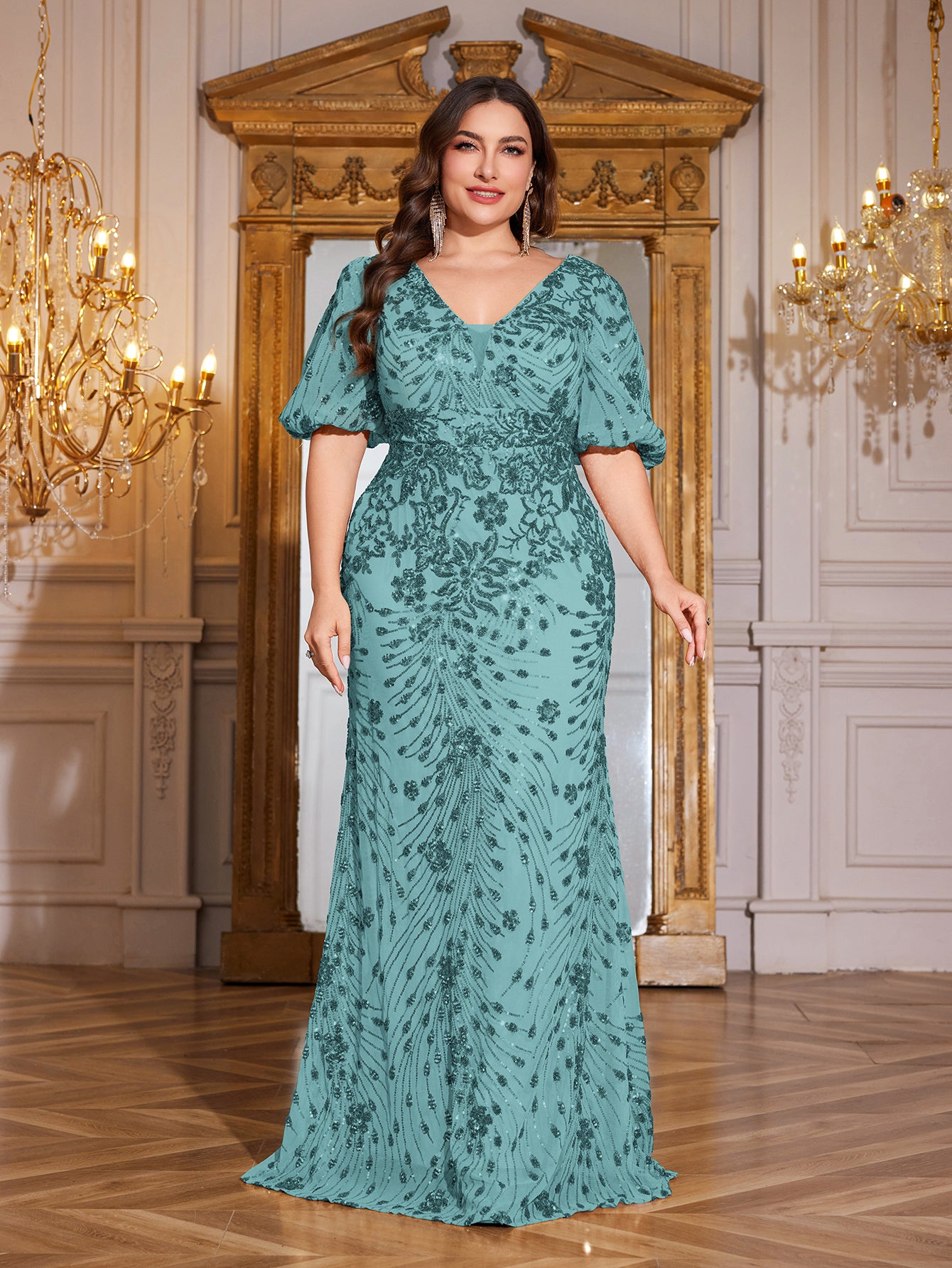 Navy Blue Sequin Puff Short Sleeve Mermaid Plus Size Evening Gown