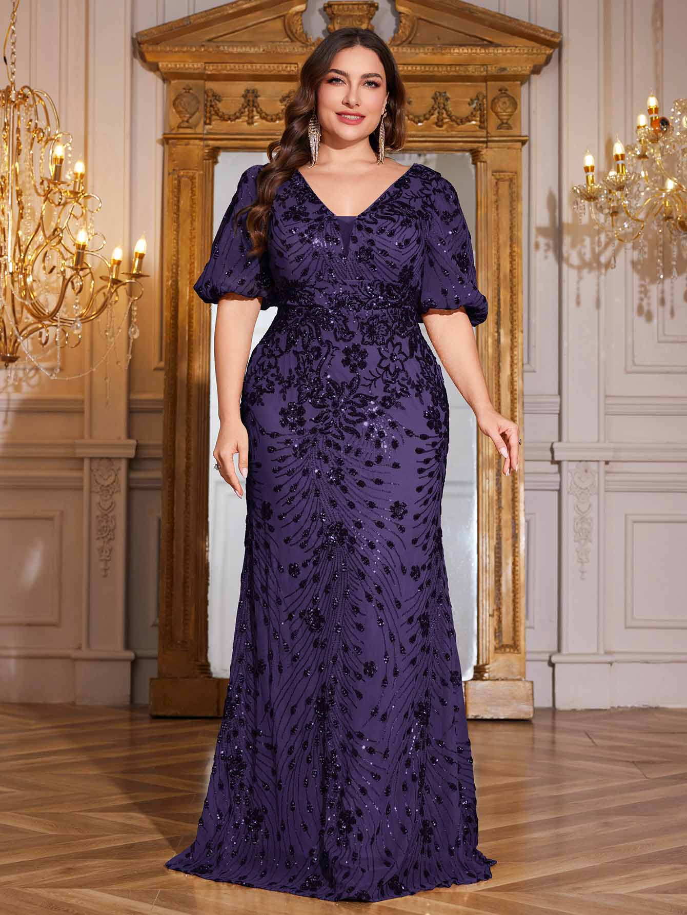 Navy Blue Sequin Puff Short Sleeve Mermaid Plus Size Evening Gown