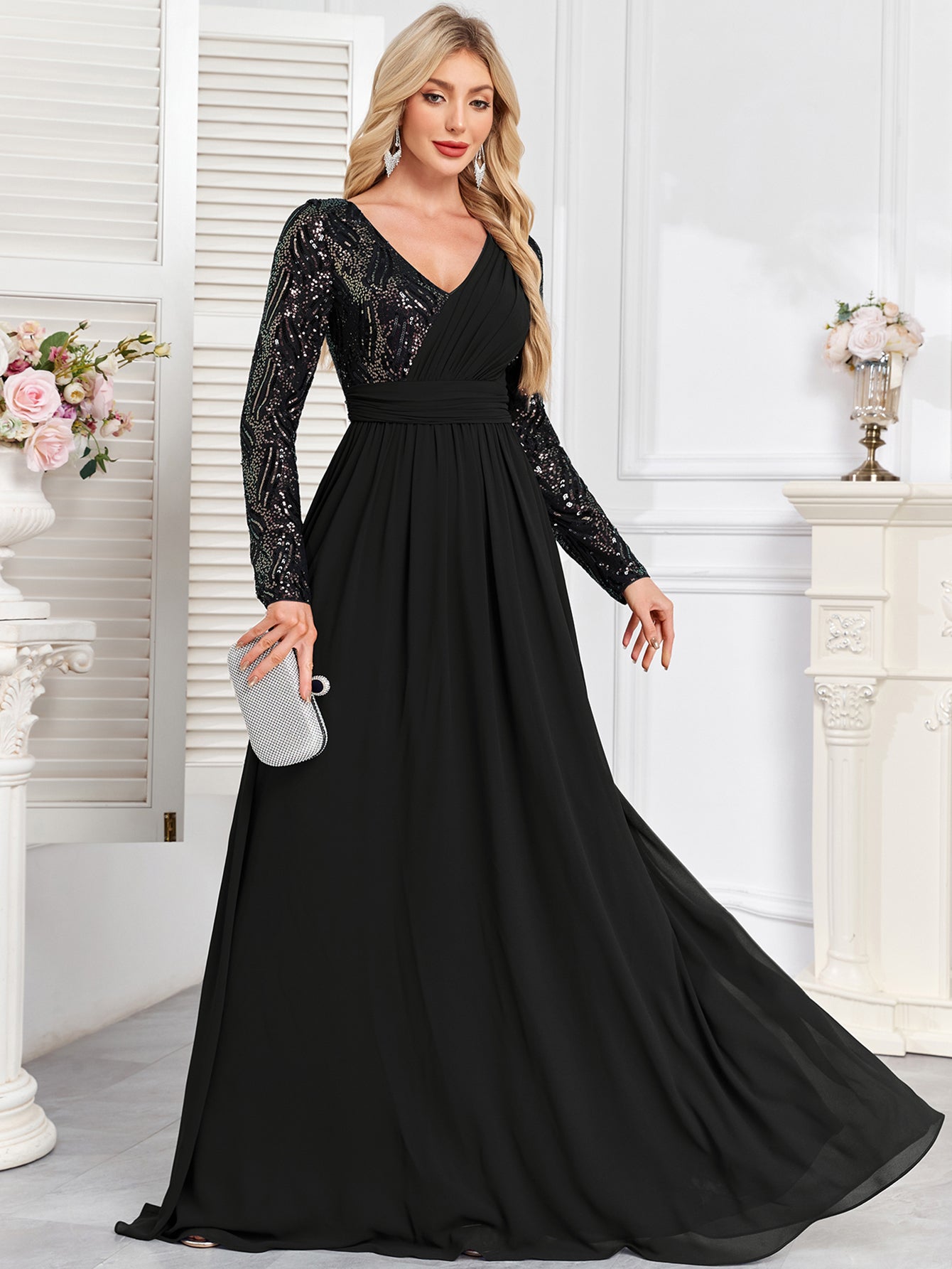 Navy Blue Multicolor Sequin Long Sleeve A‑Line Evening Gown