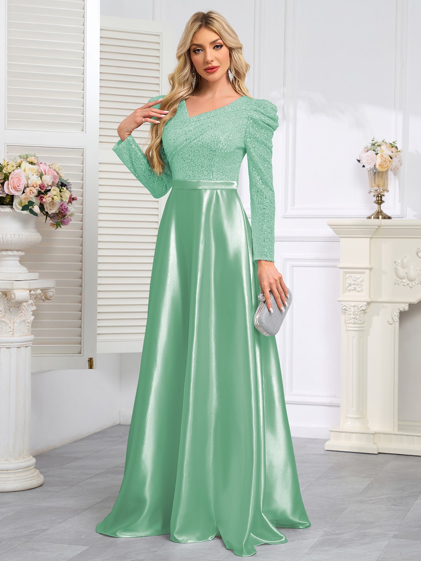 Dark Blue Satin Sequin Maxi Dress