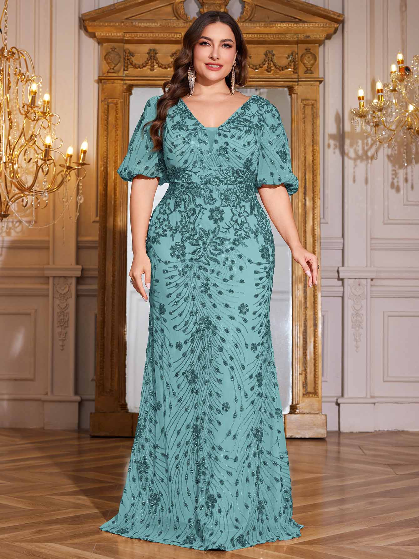 Navy Blue Sequin Puff Short Sleeve Mermaid Plus Size Evening Gown