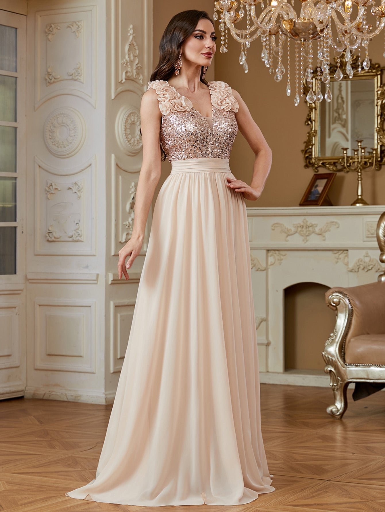 Champagne Sequin Floral V Neck Split A Line Long Evening Dress