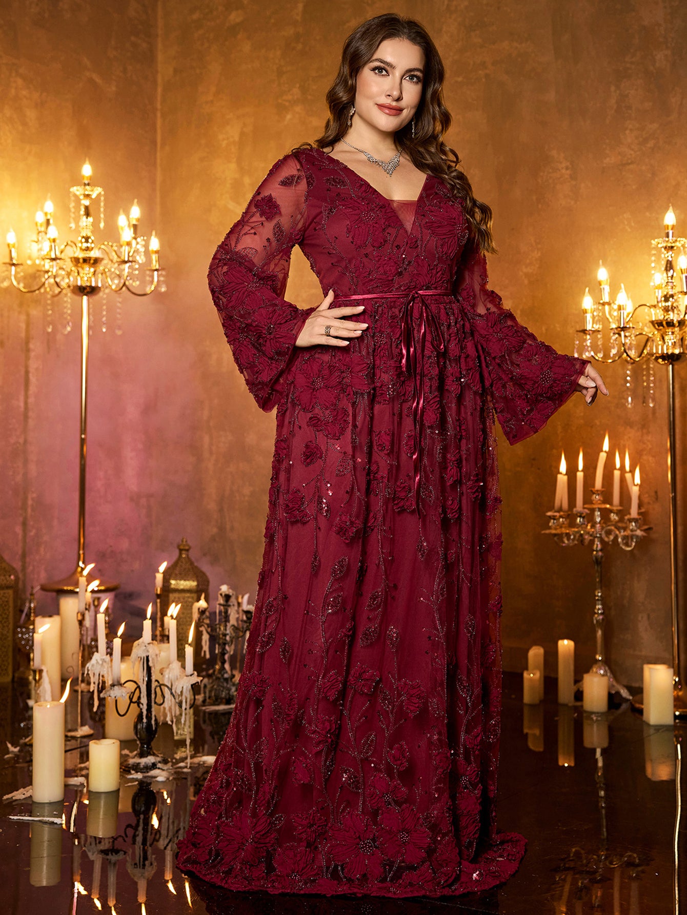 Burgundy Floral Sequin V‑Neck Flare Long‑Sleeve Plus‑Size A‑Line Evening Gown