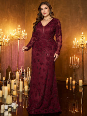 Burgundy Floral Embroidery Sequin Deep‑V Long‑Sleeve Plus‑Size Mermaid Evening Gown
