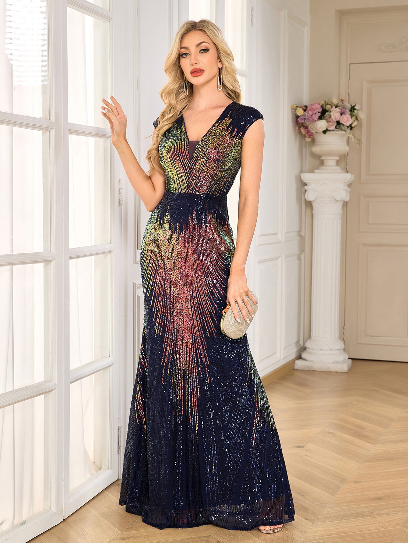 Navy Rainbow Gradient Sequin Cap Sleeve Mermaid Gown