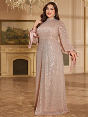 Champagne Sequin Bow Lantern Sleeve High Neck Maxi Evening Dress