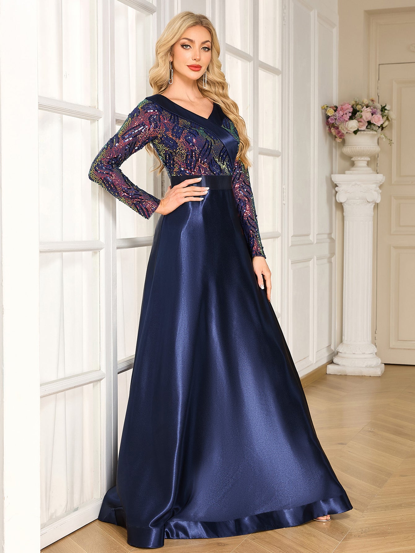 Navy Colorful Sequin Lapel V Neck Long Sleeve A-Line Floor Evening Gown