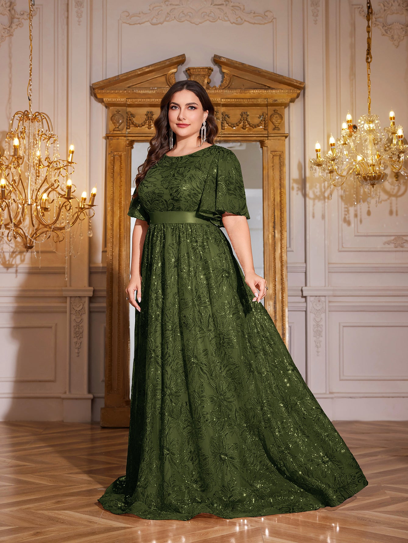 Rose Gold Sequin Flutter Sleeve Empire Waist A‑Line Plus Size Evening Gown