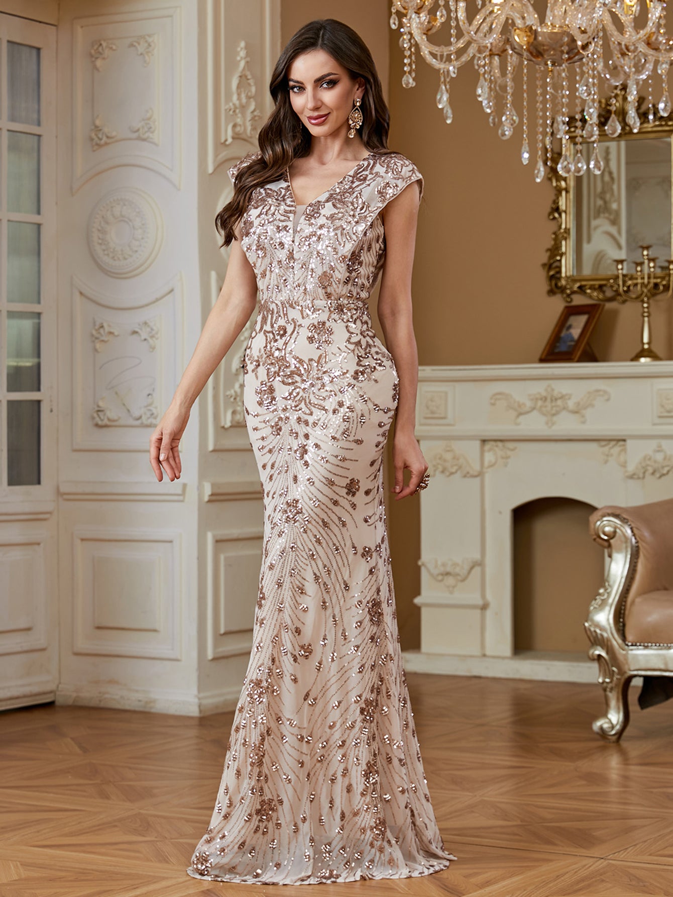 Long Elegant V-Neck Sequined Bodycon Formal Maxi Dress