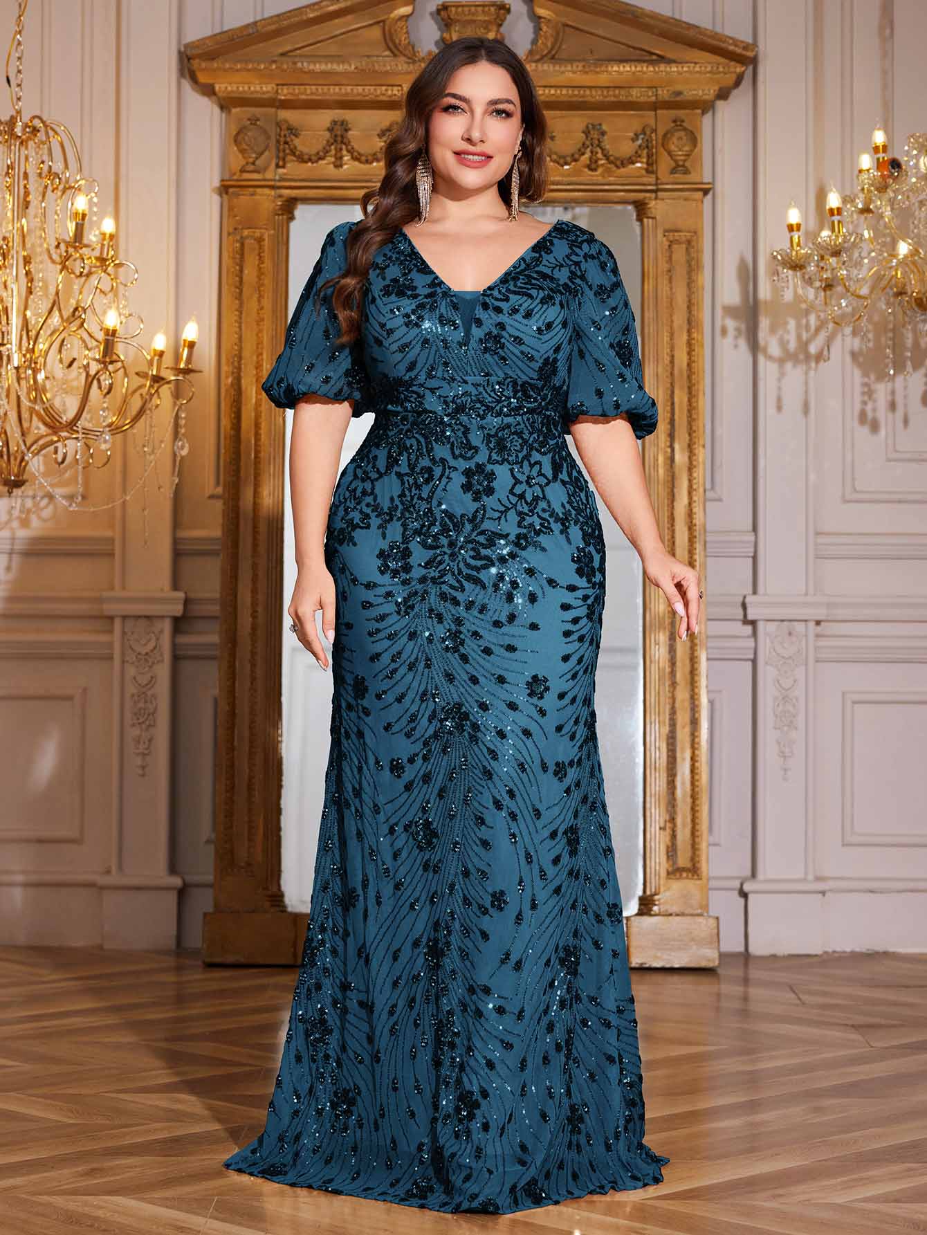 Navy Blue Sequin Puff Short Sleeve Mermaid Plus Size Evening Gown
