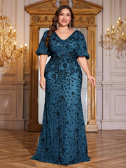 Navy Blue Sequin Puff Short Sleeve Mermaid Plus Size Evening Gown
