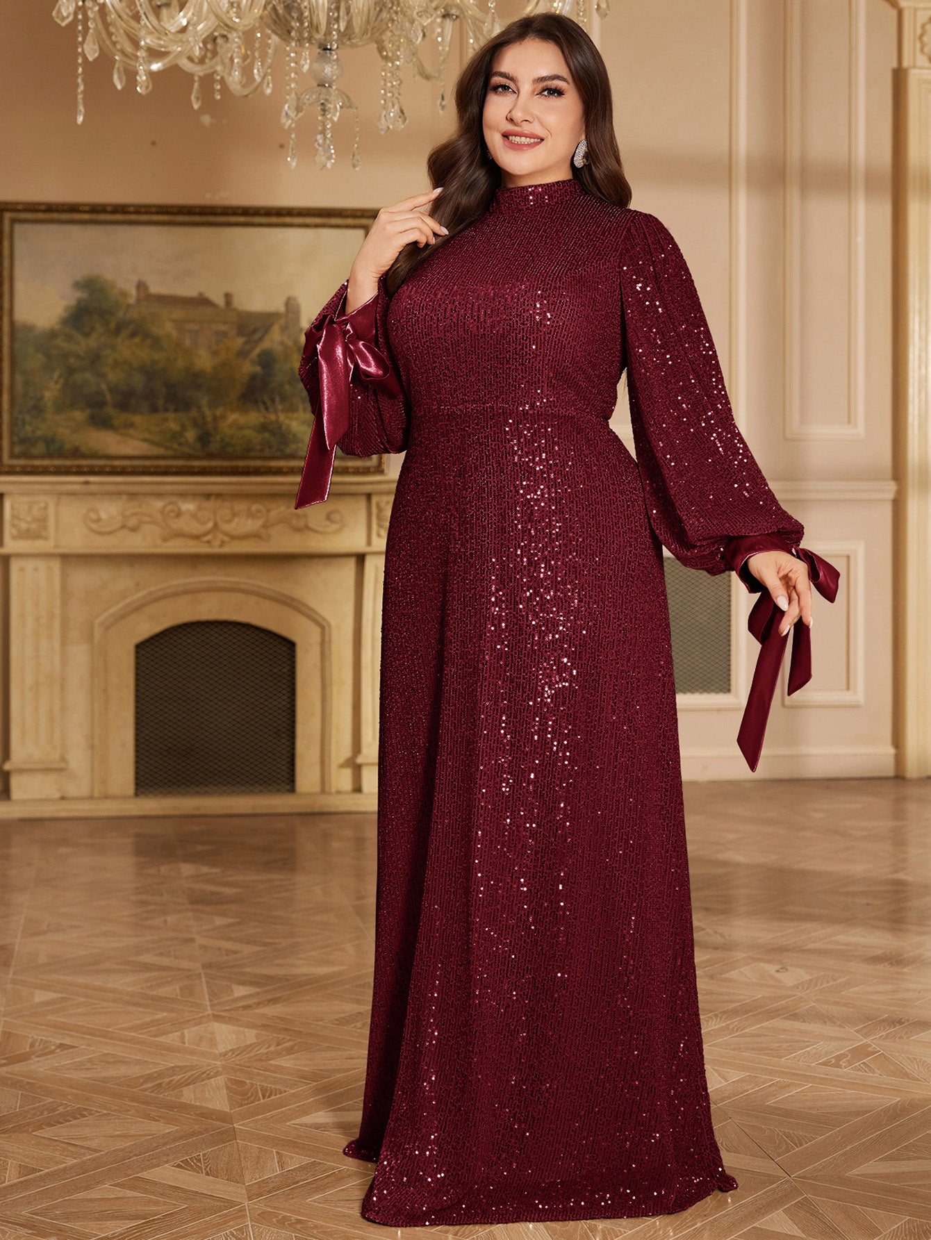 Champagne Bronze Floral Sequin Asymmetric Sleeve Mermaid Evening Gown