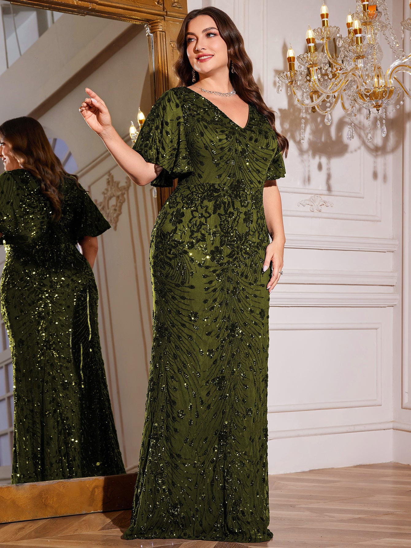 Royal Blue Sequin Flutter Sleeve Mermaid Evening Gown