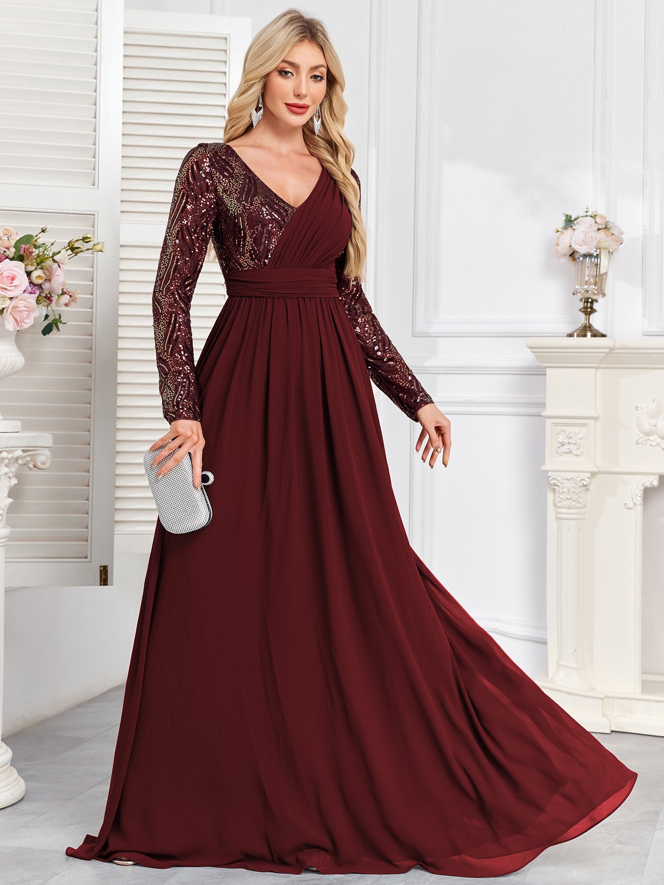 Navy Blue Multicolor Sequin Long Sleeve A‑Line Evening Gown