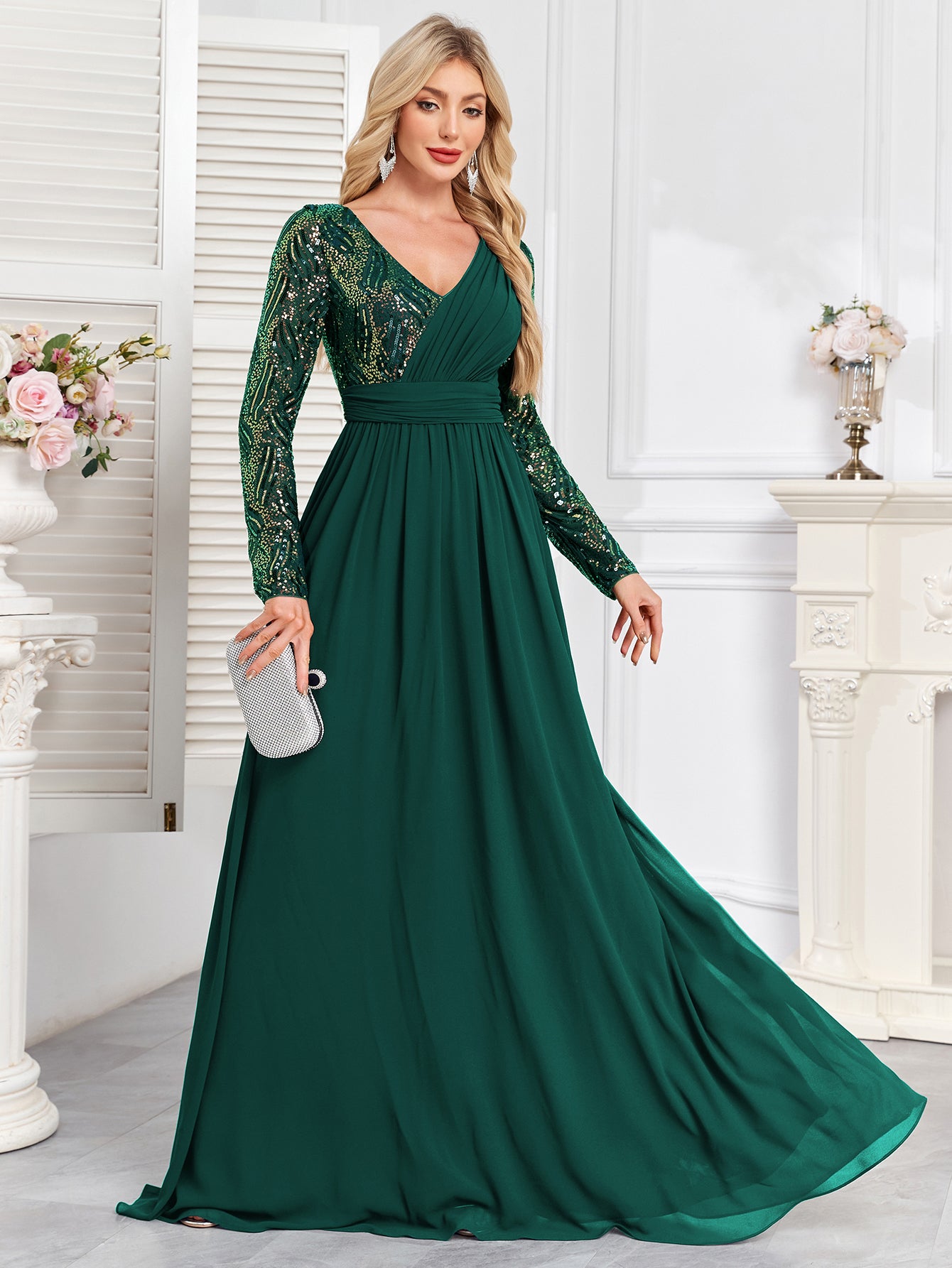 Navy Blue Multicolor Sequin Long Sleeve A‑Line Evening Gown