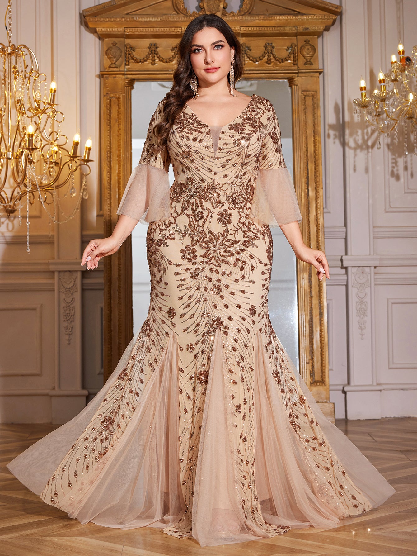Bronze Gold Floral Sequin 3/4 Bell Sleeve Mesh Mermaid Plus Size Evening Gown