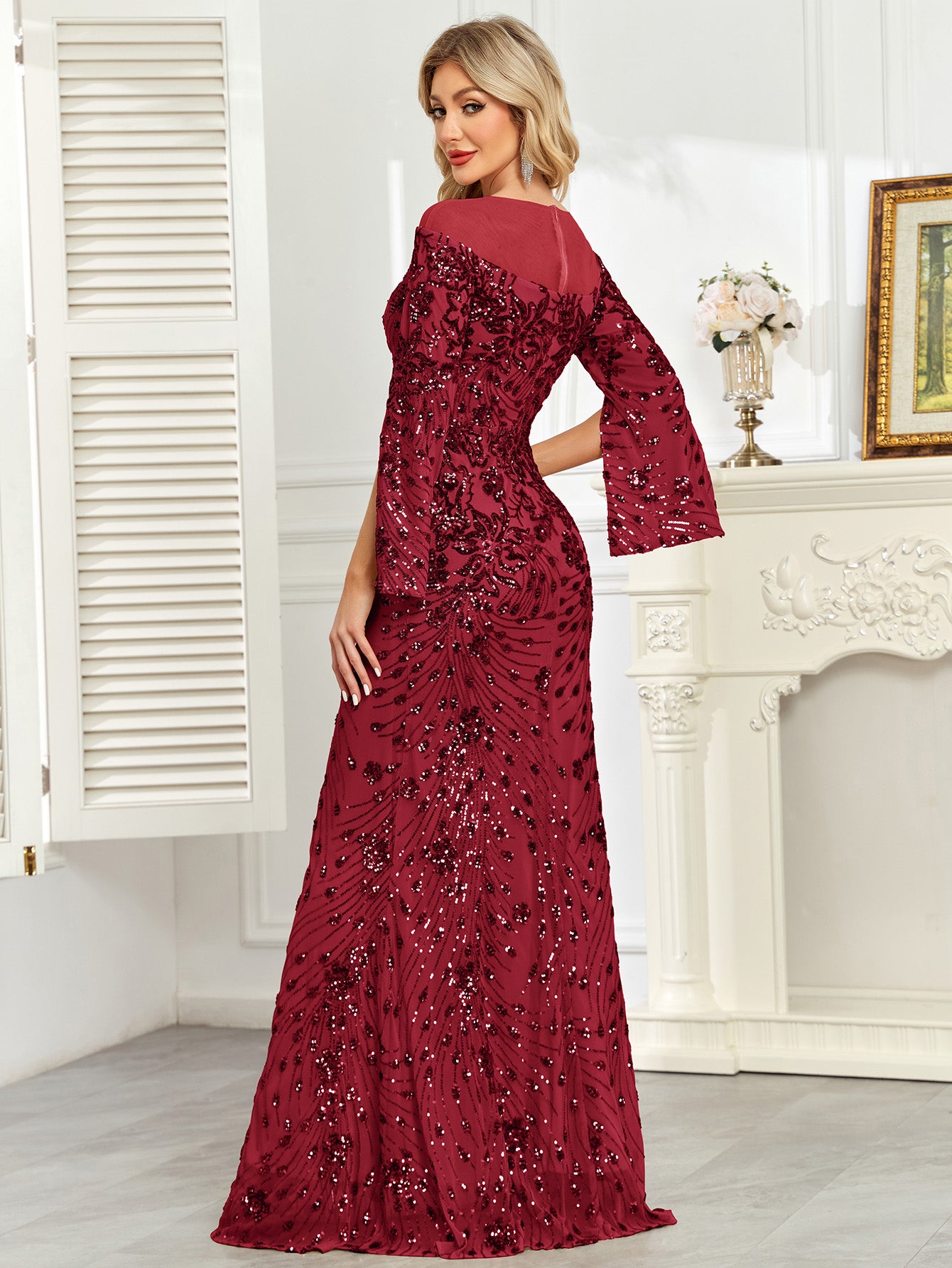 Royal Blue Sequin Split Flare‑Sleeve Mermaid Evening Gown