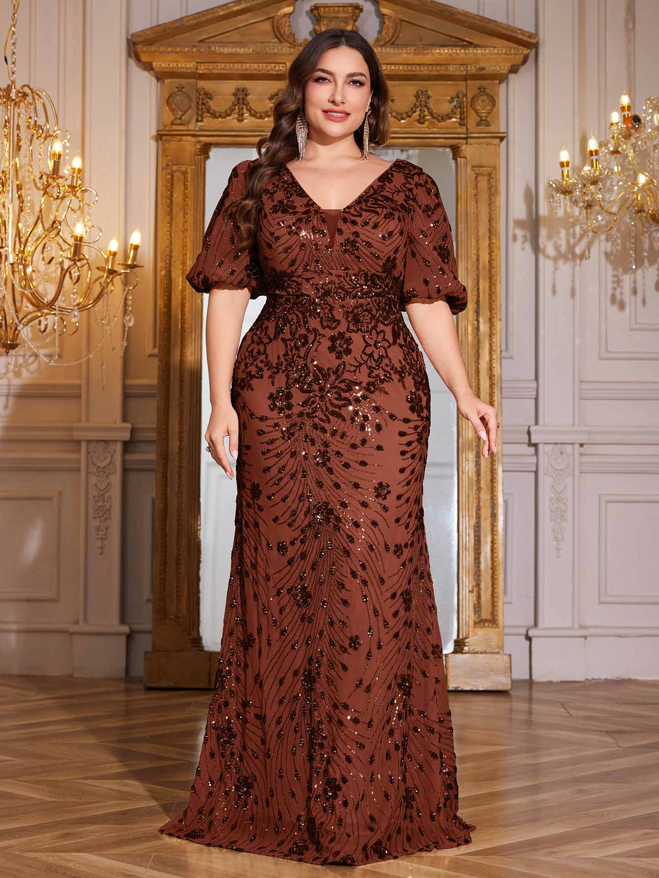 Navy Blue Sequin Puff Short Sleeve Mermaid Plus Size Evening Gown