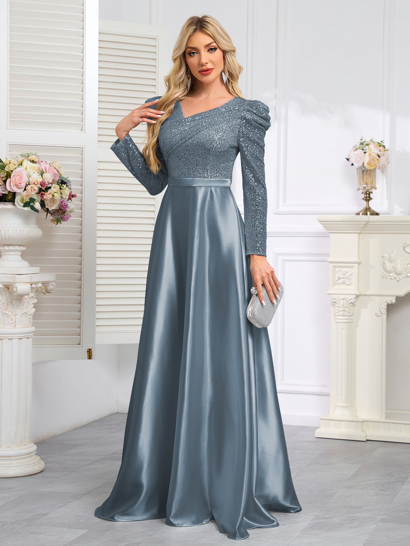 Dark Blue Satin Sequin Maxi Dress