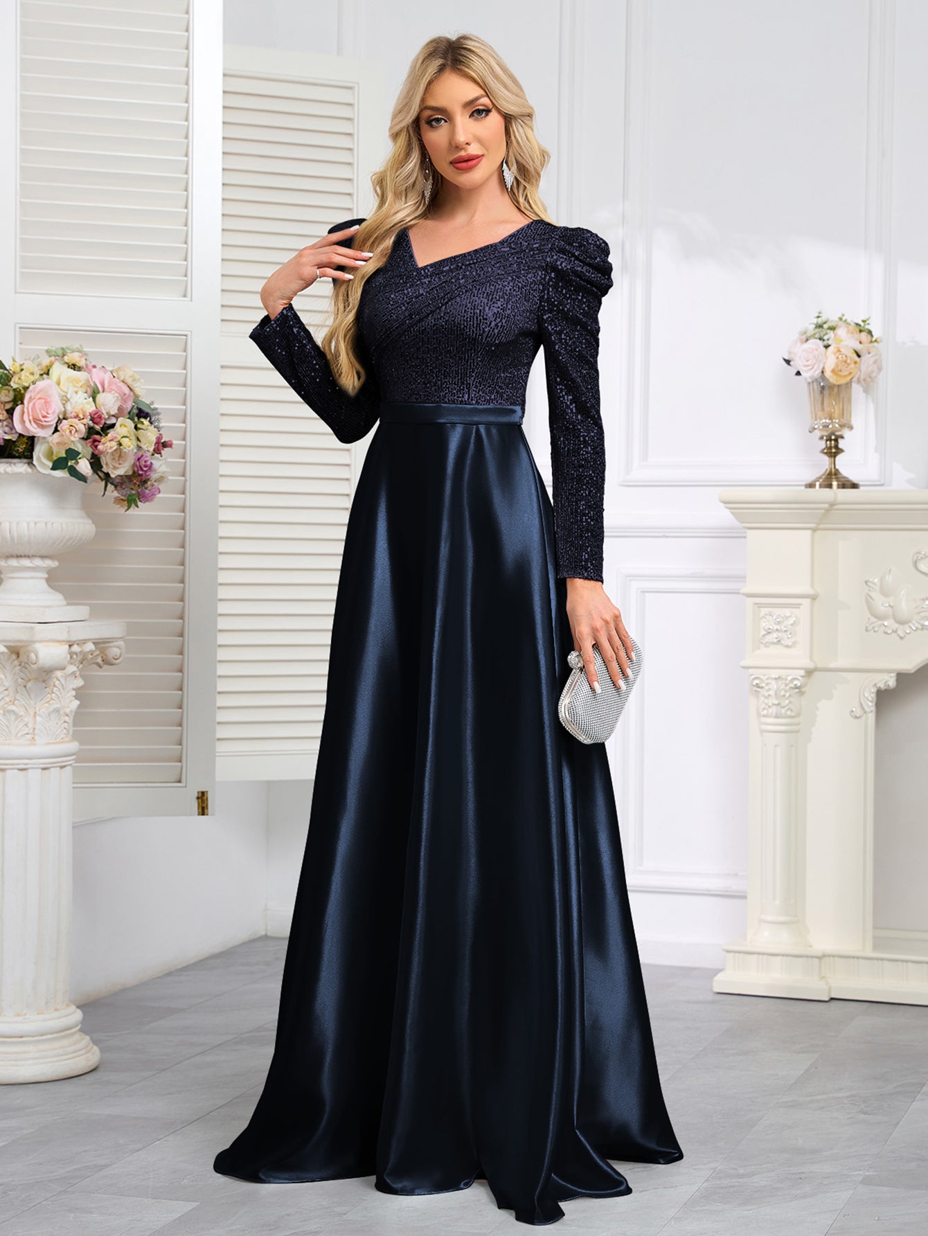 Dark Blue Satin Sequin Maxi Dress
