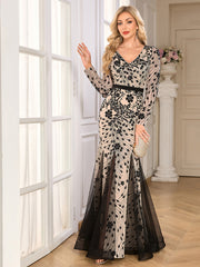 Nude Black Floral Sequin V‑Neck Mermaid Gown